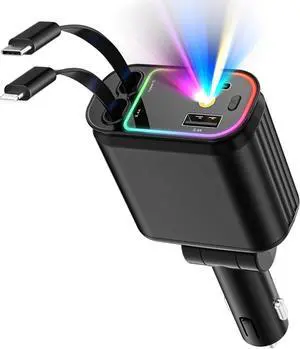 4 in 1 Retractable Car Chargers with Starlight, 66W USB C Fast Car Charger Adapter with 2 USB Ports for All iPhone 15/14/13/12/11 and for All Android (Black - RedLight)