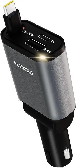 Flexino Ultra-Slim Retractable Car Charger for iPhone 16, 57W Fast Charging Car Chargers, USB C Car Charger Adaptor, Cigarette Lighter Adapter for iPhone 16/15 Series, Galaxy, Pixel, Grey