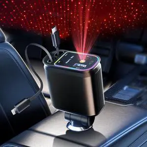 Retractable Car Charger with Starlight, 66W Starlight in Car roof 4 in 1 Retractable Car Phone Charger Adapter, Fast Charging USB C Cable, Compatible with iPhone 16/15/14/13/12/,Pixel