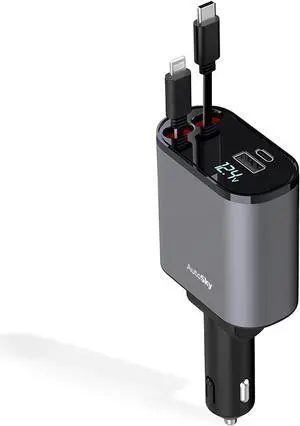AutoSky 4-in-1 Retractable Fast Charger, for Cars: 100W Car USB-C & iPhone Cable, USB-C/A Ports - Compatible with iPhone, Galaxy, Pixel and More.