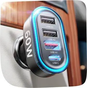 LISEN Back to School 60W USB C Car Charger,Travel Essentials 4-Port Super Fast Charging Type C Car Charger for Multiple Devices, Cigarette Lighter Adapter for iPhone 16/16e/15 Pro Max, Samsung, Piexl