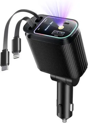 Starlight Retractable Car Charger, Starlight in Car Roof 4 in 1 Fast Car Phone Charger 66W, 2 Retractable Cables and USB C Car Charger Adapter, Compatible with iPhone 16/15/15 Pro Max/14/13
