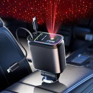 Retractable Car Charger with Starlight, 66W Starlight in Car roof 4 in 1 Retractable Car Phone Charger Adapter, Fast Charging USB C Cable, Compatible with iPhone 16/15/14/13/12/,Pixel