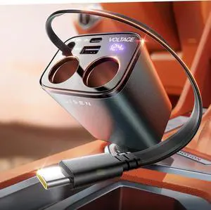 LISEN Car Cigarette Lighter Splitter, Metal 90W Dual Cigarette Lighter Adapter Metal with PD30W Retractable Car Charger, LED Voltage12V/24V Car Charger Splitter for iPhone 16, GPS, DashCam