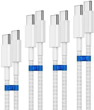 60W USB C to USB C Cable Fast Charging 4-Pack[3/6/6/10FT] Braided iPhone 16 15 Charging Cable, Type C Charger Power Cord for iPhone 16/15/15 Pro/15 Plus/15 Pro Max, iPad Pro 2022/Air 5, Samsung