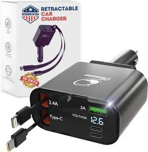 Upgraded Retractable Car Charger 5 in 1 Fast Car Phone Charger | 2 Retractable Cords (Type-C & iOS) with Additional 3 Ports | Charge 5 Devices | Compatible with iPhone & Android Models