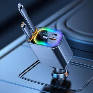 Retractable Car Charger, 146W 4 in 1 (PD 65W) for iPhone 16 Car Charger Fast Charging, 30W for iPhone Car Charger Fast Charging, RGB Light, Car Charger Adapter for iPhone 16 15 14 13 12,Samsung