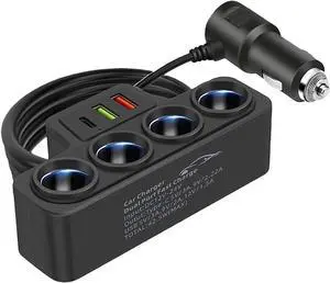 Multi-Function Cigarette Lighter Splitter, Cell Phone Car Charger, 4 Cigarette Lighter Sockets, 1 PD Fast Charger Port 2-Port USB Power Adapter for Cell Phones Adapter