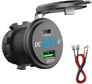 63W USB C Car Charger Socket 45W PD Outlet 18W QC3.0 Charger 12V USB Cigarette Lighter Socket with LED Voltmeter for Car RV Boat Marine Truck Motorcycle