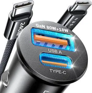 LISEN for iPhone 16 Car Charger Fast Charging [80W+18W GaN] [Mini Metal] USBC Car Charger iPhone [PD80W QC 3.0] USB C Car Charger for iPhone 16 Pro Max MacBook Air iPad2024 Samsung Galaxy S24 S23