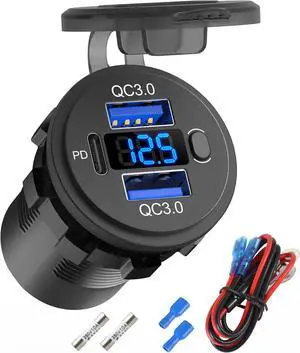 12 Volt USB Outlet Dual Quick Charge 3.0 Port and PD3.0 USB C Car Battery Chargers Socket, Waterproof 12V Power Outlet Cigarette Lighter Replacement DIY Kit with Voltmeter and Switch for Boat