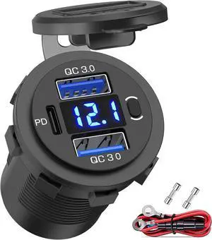 Qidoe 12V USB Outlet Dual 18W Quick Charge 3.0 Port & 30W PD 12V USB C Car Charger Socket with Voltmeter and Power Switch, Waterproof Multiple Car USB Port Adapter for Car Boat Marine Truck Golf RV