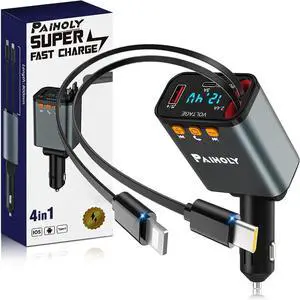 [2025 Compact] Bluetooth 5.3 Car Adapter, FM Transmitter Bluetooth Car Charger, 4 in 1 Retractable Car Charger for Phone, USB C Fast Charging Adapter for RV SUV Truck, iPhone 16/15/14/13