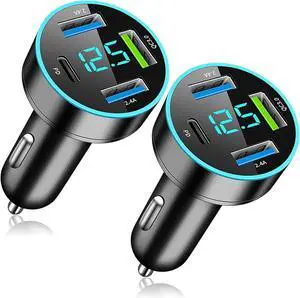 USB Car Charger, USB C Car Charger Adapter with Voltmeter, 4 Port Type C Port PD/QC 3.0 Super Fast Charging Car Cigarette Lighter USB Charger Adapter for iPhone, iPad, Samsung Phone Tablets