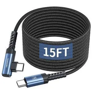 15FT Right Angle USB C Cable, 60W Extra Long Charging Cord Nylon Braided USB C Charger Cable for iPhone 16/15 Pro Max, iPad/MacBook, Galaxy S20, Pixel, Switch, Camera