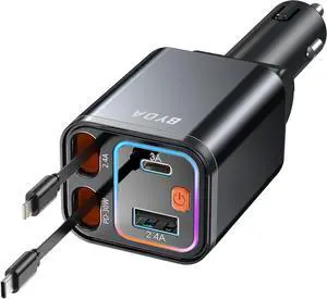 4 in 1 Retractable Car Charger,69W USB-C Fast Car Charger with Starry Light, for iPhone16/15/14/13/12,Cigarette Lighter Charger (Grey, for Apple+Type C &RGB Breathing Light [Black])