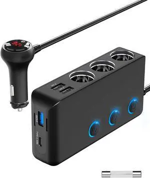 Car Charger Splitter 200W, Qidoe 3 Socket Cigarette Lighter Adapter with PD30W USB-C & QC3.0 Multi USB Car Charger DC Outlet Cigarette Splitter Power Switches Voltmeter for GPS Dash Cam Phone