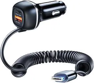 SUNDAREE 96W USB C Car Charger Three Port Cigarette Lighter Adapter PD 45W PPS33W & QC3.0 18W 6ft Type C Coiled Cable Fast Charging iPhone 16/15/14/13 Smartphones S23/S22/S21 Android ipad
