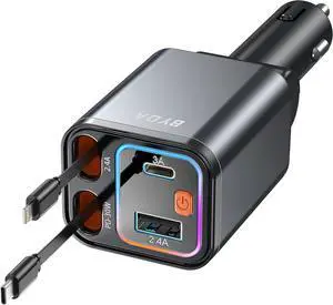 4 in 1 Retractable Car Charger,69W USB-C Fast Car Charger with Starry Light, for iPhone16/15/14/13/12,Cigarette Lighter Charger (Grey, for Type C+Apple &RGB Breathing Light)