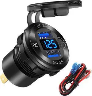 12V/24V USB Outlet Quick Charge 3.0 Dual Port Car Charger Socket with Blue Voltmeter, Waterproof Aluminum Cigarette Lighter USB Charger DIY Kit for Car Marine Motorcycle RV Boat Golf Cart, etc.