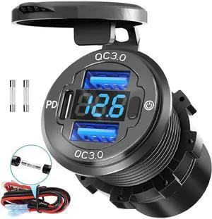 78W Triple-Port 12V USB Outlet with Voltmeter & Switch - Dual PD3.0 & QC3.0 Quick Charge Car Charger Socket, Aluminum Alloy Waterproof USB C Port for Car Boat Marine Motorcycle RV Truck ATV Golf Cart