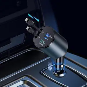 Retractable Car Charger 4 in 1 Fast Car Phone Charger 60W Dual Lightning USB Type C Car Charger Retractable Cords Compatible with Apple iPhone 14 13 12 11 Pro/XS/XR/Mini/X/iPad/AirPods