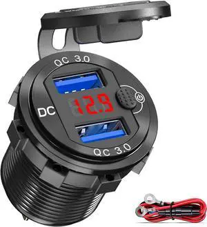 [Upgraded Version] Quick Charge 3.0 Dual 12V USB Car Charger, Aluminum Socket with Red Digital Voltmeter, Waterproof Car Outlet with Power Switch Button, for Marine Boat Motorcycle Truck Golf Cart etc