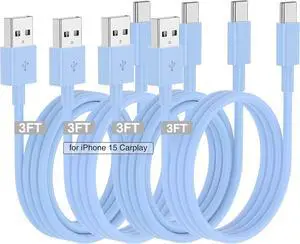 Car Carplay Cable for iPhone 16 15 Pro/Pro Max/Plus,4 Pack 3FT USB A to USB C Fast Charging Cord for iPhone 16 15 Charger,USBC Car Charger for Apple 16 15/iPad Pro-Blue