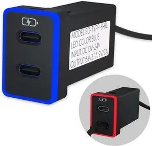 Car Charger for Toyota USB C Dual Port Charger PD 3.0 Type C Fast Charging with LED Light Show,Compatible with Smart Phone,Tablet,and More (Blue/Red 1.3x0.9inch