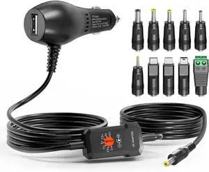 Powseed 34W 3V 4.5V 5V 6V 7.5V 9V 12V DC Car Charger with 10 Tips and USB Cigarette Lighter Adapter Power Supply Cord for Portable DVD Player Dash cam Breast Pump Speaker Micro USB Car Adapter