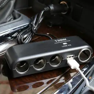 4 Way Car Charger Splitter Power Adapter with Multi Socket Dual USB 12V-24V Plug Charger for iPhone iPad Samsung GPS Dashcam