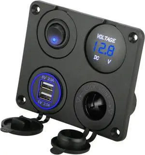Linkstyle 4 in 1 Car Charger Panel, 4.2A Dual USB A Charger Port, Cigarette Lighter Socket with LED Voltmeter & Rocker Switch for 12V/24V Marine Boat RV Truck