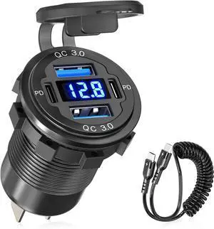78W 12V USB Outlet Qidoe 4 Port Dual 30W PD & Dual Quick Charge 3.0 Aluminum12V Car Charger Socket with VoltmeterC to C Cable Coiled 3FT Cord for Car Boat Marine RV