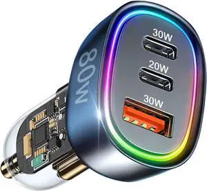 USB C Car Charger, 80W [Dual PD3.0&QC30W] Cigarette Lighter Adapter, 3 Ports Car Phone USB Charger Fast Charging for iPhone 16 15 Pro Max 14 Samsung Galaxy S24/23 Google Pixel LG iPad