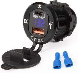 BUNKER INDUST Car Charger Socket Quick Charge 3.0QC,Dual Port USB Type C Outlet with Blue LED Digital Voltmeter,Aluminum Power Adapter 12V/24V Waterproof for Boat Marine UTV SUV RV Truck