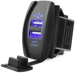 MICTUNING Universal Rocker Style Car USB Charger - with Blue LED Light Dual USB Power Socket for Rocker Switch Panel