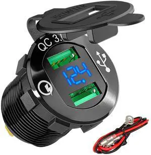 DAIERTEK Quick Charge 3.0 USB Charger Socket Car Aluminum Waterproof Dual Power Outlet Fast Charger with Blue LED Voltmeter & Wire 10A Fuse for 12VDC/24VDC Automotive Boat Marine ATV Truck