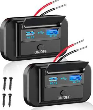Qidoe PD 20W Type-C and 18W QC3.0 USB Port Surface Mount Car Charger Socket with Button Switch, Waterproof 12V Panel for Car, RV, ATV, Truck, Marine, Golf Cart