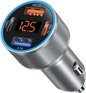 Car Charger USB C, 65W Dual 12V Cigarette Lighter USB Car Adapter with Voltage Display Multi Port PD/QC 3.0 Super Fast Charging Car Phone Charger for iPhone 16 15 14 13 12 Pro,Tablet,Android(Gray)