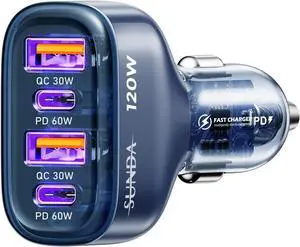 SUNDA 120W USB C Fast Car Charger, 4-Ports Car Charger Adapter, Dual Type C PD60W/PPS60W Compatible with iPhone15/14Pro/Max/iPhone13/Galaxy/SamsungS23, Dual USB-A 18W QC3.0 for Android(Blue)