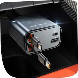 MRGLAS 69W Retractable Car Charger USB C Fast Charging, 4 in 1 Fast Car Charger with Dual Retractable USB C Cable Car Accessories Adapter for iPhone 16 15 14 Pro Max, Samsung Galaxy S25 Ultra, Android
