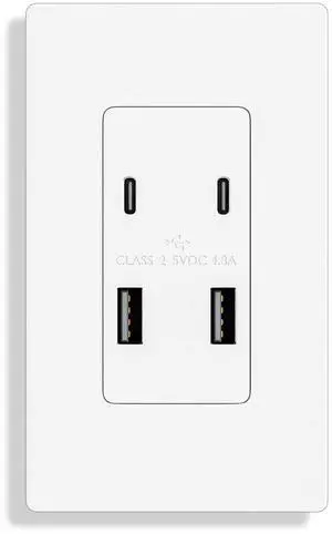 USB Outlet with 4.8A/24W Type A & Type C USB Charging Ports, High Charging Power Electrical OutletUL Listed, Screwless Wall Plate Included - White