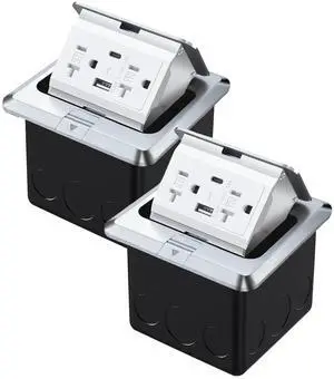 Floor Pop Up Outlet, Pop Up Waterproof Floor Electrical Box with 4.8A USB Chargers and 2 Outlet Receptacle Stainless Steel Cover (Type-C Silver 2pack)