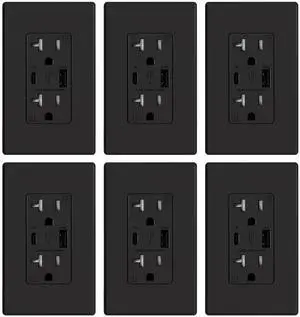 ELEGRP USB Charger Wall Outlet, USB Receptacle with Type A & Type C USB Ports, 20 Amp Duplex Tamper Resistant Receptacle Plug, Wall Plate Included, UL Listed (6 Pack, Matte Black)