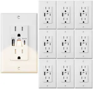 Lights Outlet with USB, Modern Electrical Outlet with Light, Wall Outlet Covers with Night Lights,USB Outlet with LED Light,USB Type A & Type-C in-Wall Charger with AC Port,White (10 PCS)