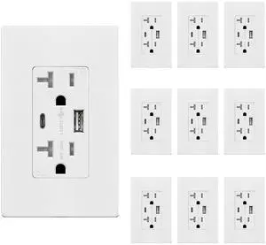 TOPGREENER USB Outlet, Type C USB Wall Outlet, 20 Amp Tamper-Resistant Receptacle Plug, USB Receptacle with 2 Ports, Wall Plate Included, UL Listed, TU22036AC-W-10PCS, White, 10 Pack