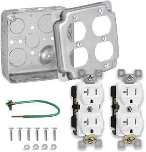 Outlet Box Kit, Includes 4x4'' Drawn Metal Electrical Box, 2 Tamper Resistant 20 Amp Duplex Receptacle Outlets, Duplex Receptacle 4x4'' Cover, Sixteen Knockouts (Duplex Receptacle Kit)