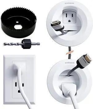 ECHOGEAR in-Wall Cable Management Kit for Power & Low Voltage Cords  Hide TV Wires Behind The Wall  Includes 3.75 Diameter x 3.25 Depth Modules, 6ft Extension Cord, Drywall Hole Saw Attachment