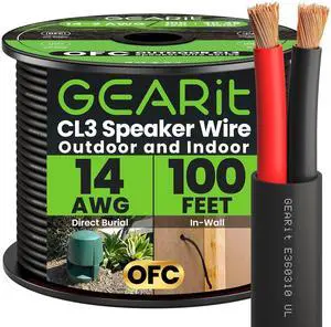 GearIT 14/2 Speaker Wire (100 Feet) 14AWG Gauge - Outdoor Direct Burial in Ground/in Wall / CL3 CL2 Rated / 2 Conductors - OFC Oxygen-Free Copper, Black 100ft