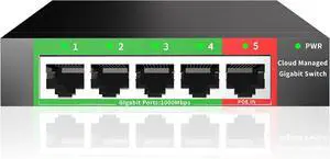 STEAMEMO 5-Port Gigabit Ethernet Switch | Smart Managed with VLAN/QoS | Plug & Play Desktop/Wall-Mount Network Hub w/ PoE in Design | Sturdy Metal & Energy-Efficient(Includes Power Adapter)
